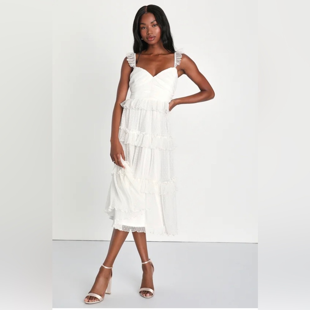 Lulus white dress:  Whimsical Elegance White Mesh Swiss Dot Tiered Midi Dress